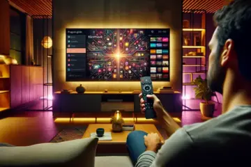 alt_text: A person uses an Android TV remote to navigate a vibrant program guide on a modern living room's smart TV.