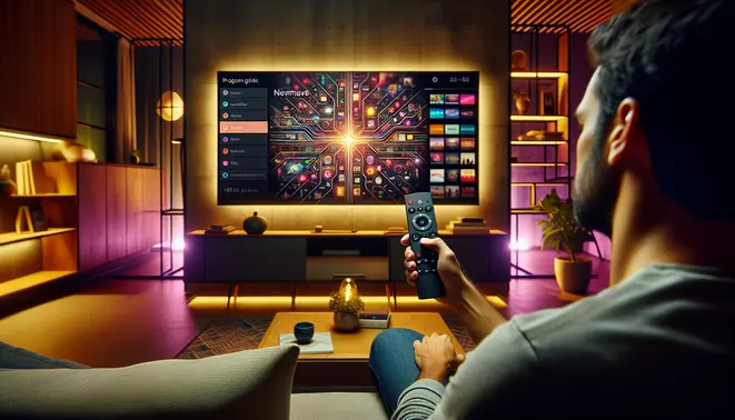 alt_text: A person uses an Android TV remote to navigate a vibrant program guide on a modern living room's smart TV.