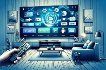 alt_text: A guide cover showing a modern living room with an Android TV displaying streaming apps, a hand holding its remote.