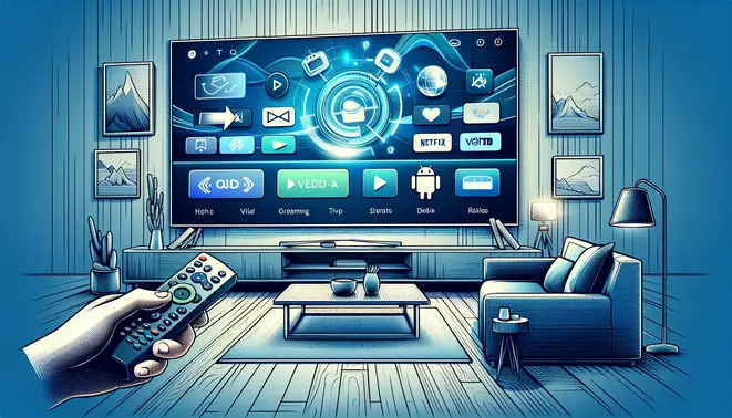alt_text: A guide cover showing a modern living room with an Android TV displaying streaming apps, a hand holding its remote.