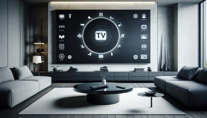 alt_text: A modern living room with a large TV showing the Android TV interface, surrounded by streaming app icons and a remote.