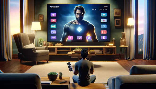 alt_text: A modern living room with a user holding an Android TV remote, facing a large screen displaying streaming app icons.