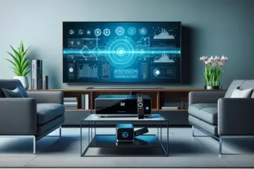 alt_text: A modern living room with a large TV showing the Apple TV interface. An Apple TV and remote sit on a media console below.