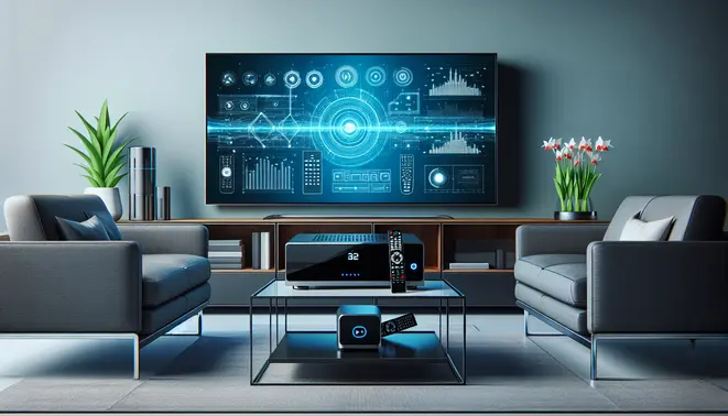 alt_text: A modern living room with a large TV showing the Apple TV interface. An Apple TV and remote sit on a media console below.
