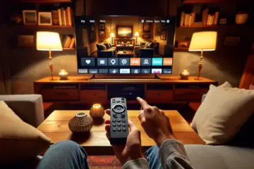 alt_text: A person sets up an Apple TV, pointing the remote at its home screen on a TV in a cozy living room.