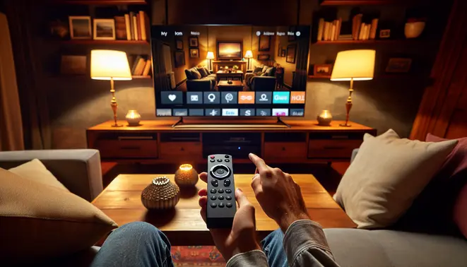alt_text: A person sets up an Apple TV, pointing the remote at its home screen on a TV in a cozy living room.