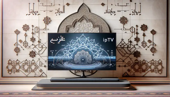 alt_text: A modern smart TV displays a vibrant Arabic IPTV menu, surrounded by elegant geometric patterns and calligraphy.