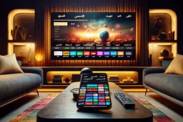 alt_text: A modern living room with a smart TV displaying Arabic channels. A phone with an IPTV app and a remote are nearby.