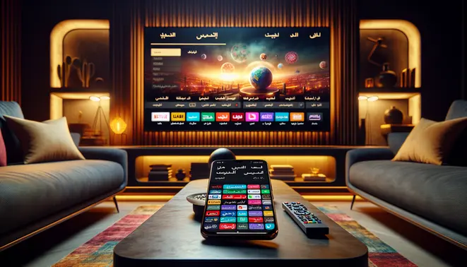 alt_text: A modern living room with a smart TV displaying Arabic channels. A phone with an IPTV app and a remote are nearby.