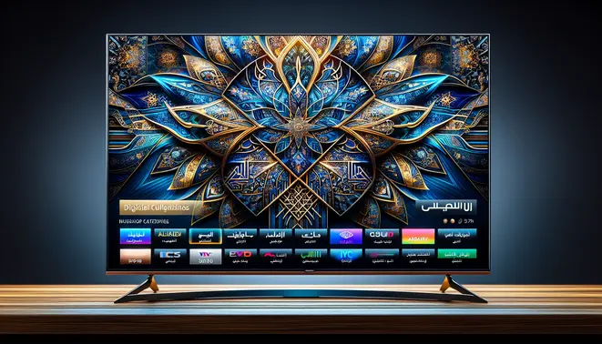 alt_text: A smart TV displays a vibrant Arabic IPTV interface with channel listings. The cover features geometric patterns, bold title, and a rich blue and gold color scheme.