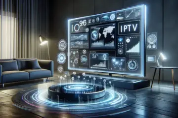 alt_text: A sleek smart TV showing IPTV apps, surrounded by glowing charts in a modern living room, for a 2025 guide.