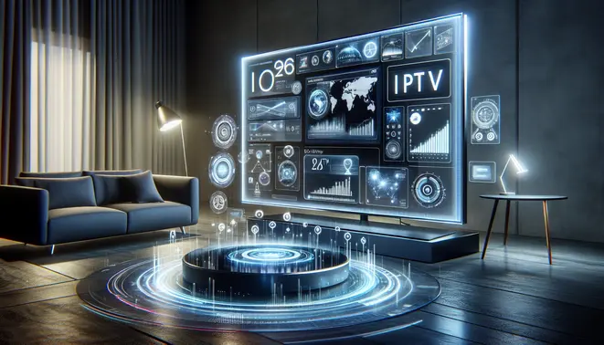 alt_text: A sleek smart TV showing IPTV apps, surrounded by glowing charts in a modern living room, for a 2025 guide.