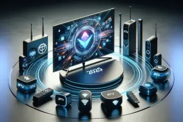 alt_text: A sleek smart TV showing an IPTV app, surrounded by streaming devices and logos for a 2025 guide article.