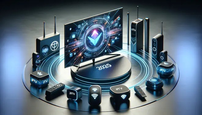 alt_text: A sleek smart TV showing an IPTV app, surrounded by streaming devices and logos for a 2025 guide article.