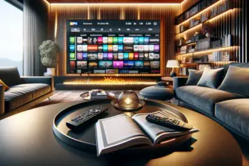 alt_text: A modern living room with a large smart TV displaying IPTV apps. A guidebook and remote sit on the coffee table.