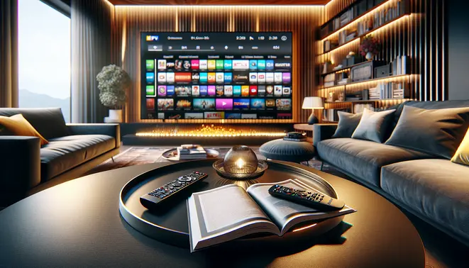 alt_text: A modern living room with a large smart TV displaying IPTV apps. A guidebook and remote sit on the coffee table.