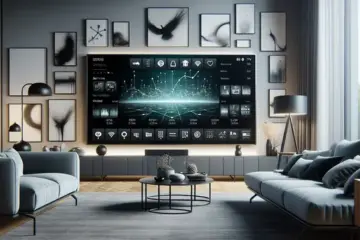 alt_text: A modern living room with a smart TV displaying an IPTV interface, comparing services for a magazine article.