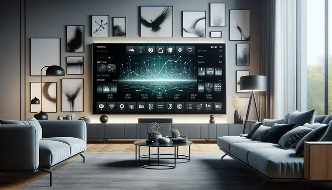 alt_text: A modern living room with a smart TV displaying an IPTV interface, comparing services for a magazine article.