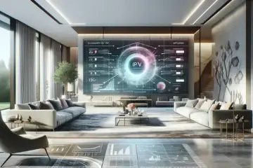 alt_text: A modern living room with a large smart TV displaying a vibrant IPTV interface, surrounded by comparison charts and lists.