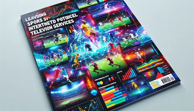 alt_text: A vibrant magazine cover comparing top sports IPTV services, featuring dynamic game footage on screens with ratings and charts.