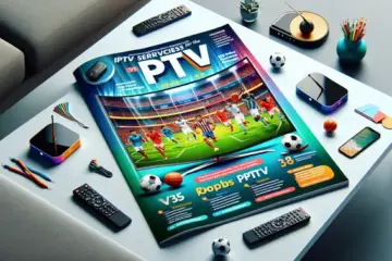 Magazine cover comparing IPTV services for sports, featuring a TV with live games, streaming devices, and top picks.