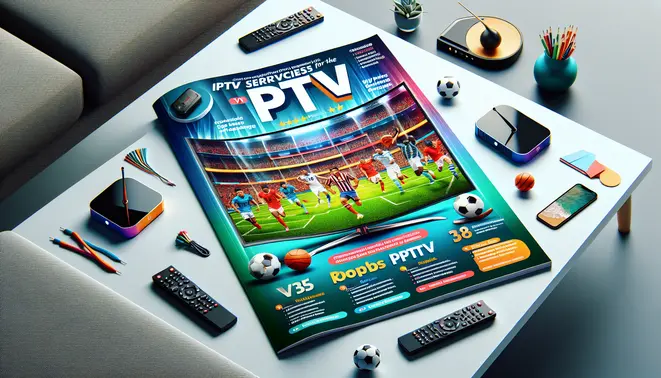 Magazine cover comparing IPTV services for sports, featuring a TV with live games, streaming devices, and top picks.