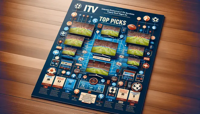 alt_text: A magazine cover comparing IPTV services for sports streaming, featuring TVs showing live games and "Top Picks" graphics.