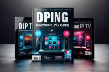 alt_text: A magazine cover comparing IPTV players, featuring a smart TV, tablet, and phone displaying various app interfaces.
