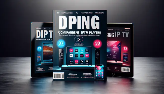alt_text: A magazine cover comparing IPTV players, featuring a smart TV, tablet, and phone displaying various app interfaces.