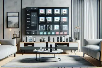 alt_text: A modern living room with a smart TV displaying IPTV app comparisons. Remotes and devices on the table show multi-platform compatibility.