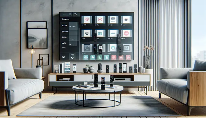 alt_text: A modern living room with a smart TV displaying IPTV app comparisons. Remotes and devices on the table show multi-platform compatibility.