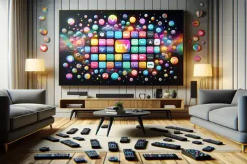 alt_text: A modern living room with a smart TV displaying a vibrant IPTV interface, surrounded by a remote and streaming icons.