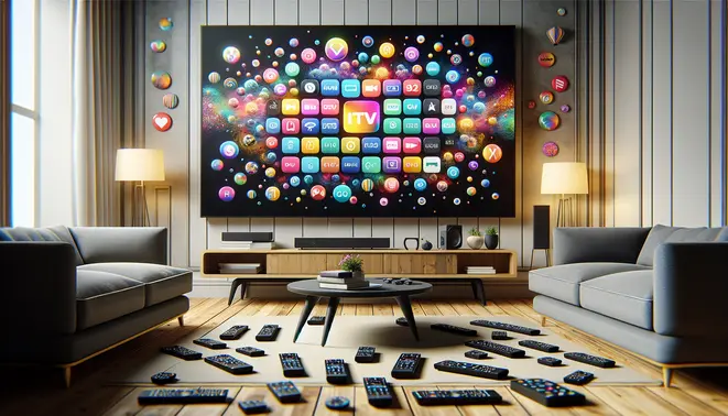 alt_text: A modern living room with a smart TV displaying a vibrant IPTV interface, surrounded by a remote and streaming icons.