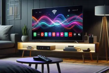 alt_text: A modern living room with a flat-screen TV displaying vibrant streaming icons, surrounded by a remote and router.