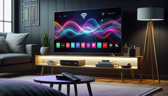 alt_text: A modern living room with a flat-screen TV displaying vibrant streaming icons, surrounded by a remote and router.
