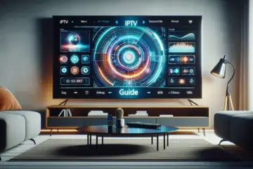 alt_text: A modern living room with a large TV displaying a vibrant IPTV interface, a remote on the table, and the guide's title.