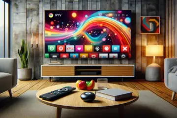 alt_text: A modern living room with a Chromecast connected to a TV displaying a vibrant IPTV interface, a remote, and a smartphone nearby.