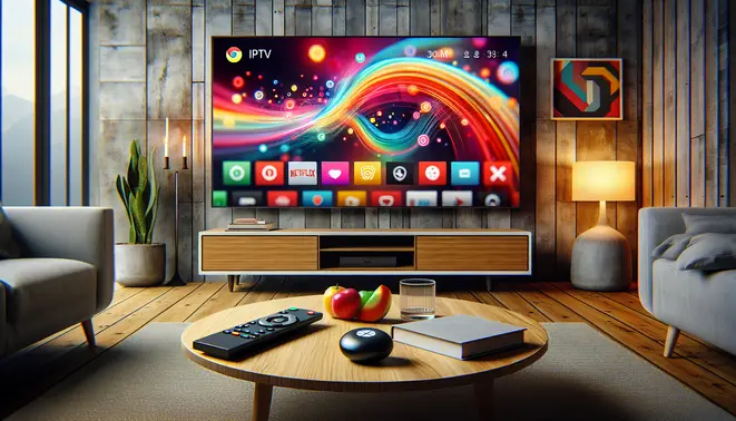 alt_text: A modern living room with a Chromecast connected to a TV displaying a vibrant IPTV interface, a remote, and a smartphone nearby.