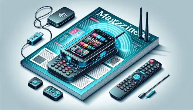 alt_text: A magazine cover showing a Chromecast connected to a TV displaying an IPTV app, with a remote and router.