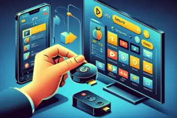 alt_text: A guide showing a hand holding a Chromecast near a TV displaying an IPTV interface, with a smartphone showing the setup app.