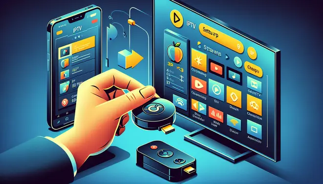 alt_text: A guide showing a hand holding a Chromecast near a TV displaying an IPTV interface, with a smartphone showing the setup app.