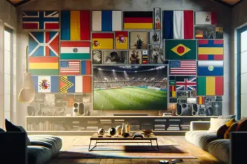 alt_text: A modern living room with a large TV displaying European channels, surrounded by country flags and streaming devices.