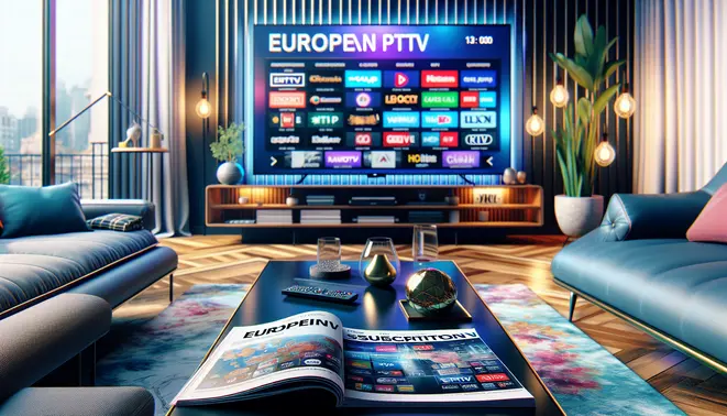 alt_text: A modern living room with a large TV displaying European channel logos. The magazine cover is titled "European IPTV – Complete IPTV Subscription Guide."