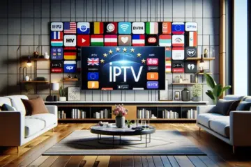 alt_text: A modern living room with a smart TV displaying European flags and streaming apps, promoting an IPTV subscription guide.