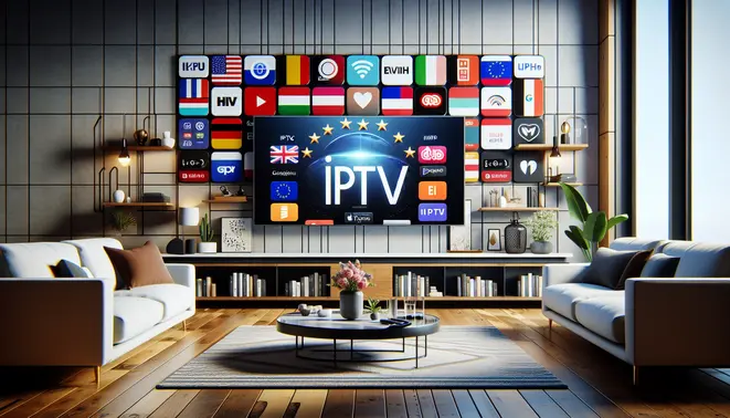 alt_text: A modern living room with a smart TV displaying European flags and streaming apps, promoting an IPTV subscription guide.