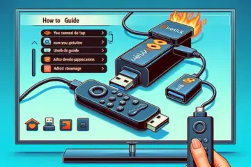 alt_text: A Firestick with a connected USB drive for extra storage sits by a TV showing streaming apps. The guide's title is on screen.