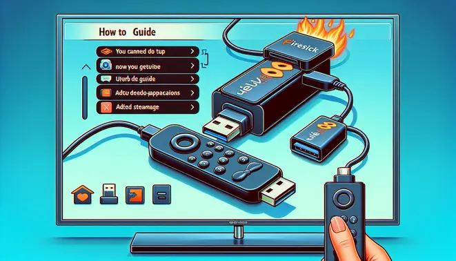 alt_text: A Firestick with a connected USB drive for extra storage sits by a TV showing streaming apps. The guide's title is on screen.