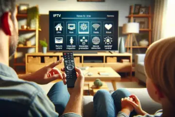 alt_text: A parent and child on a sofa, using a Firestick remote to control a TV with a secure IPTV interface and parental control icons.