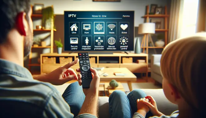 alt_text: A parent and child on a sofa, using a Firestick remote to control a TV with a secure IPTV interface and parental control icons.