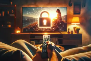 alt_text: An adult uses a Firestick remote to select parental controls on a TV, with a security padlock icon, in a cozy living room.